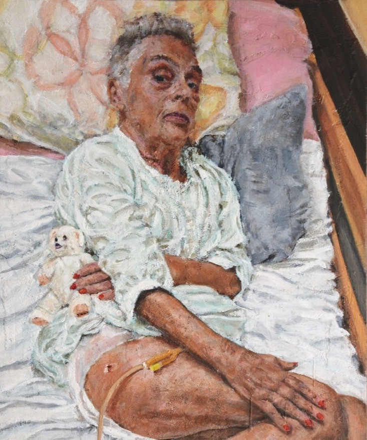 Portrait painting of an elderly woman in bed, holding a teddy bear